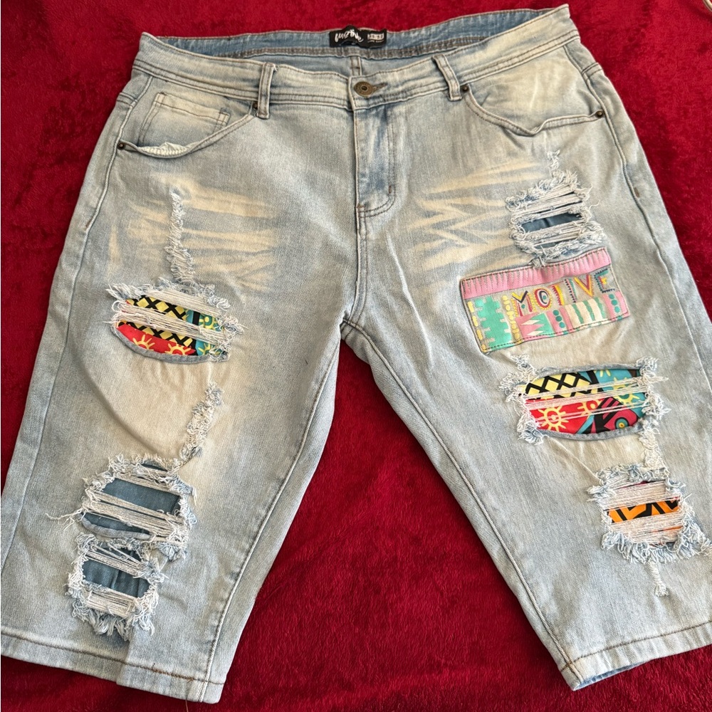 Distressed Denim Shorts with Colorful Patches